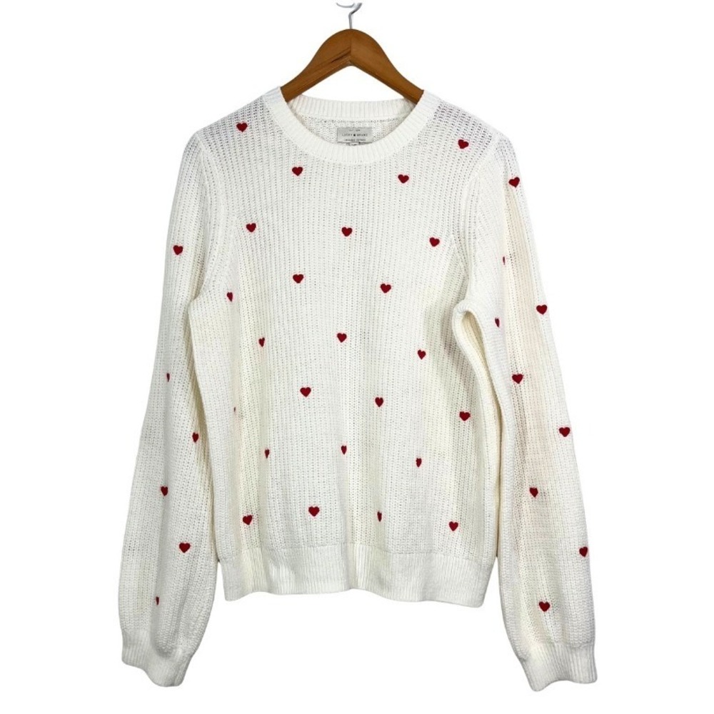 Lucky‎ Brand Valentine Heart Sweater Large White Red Hearts Chunky Knit Pullover